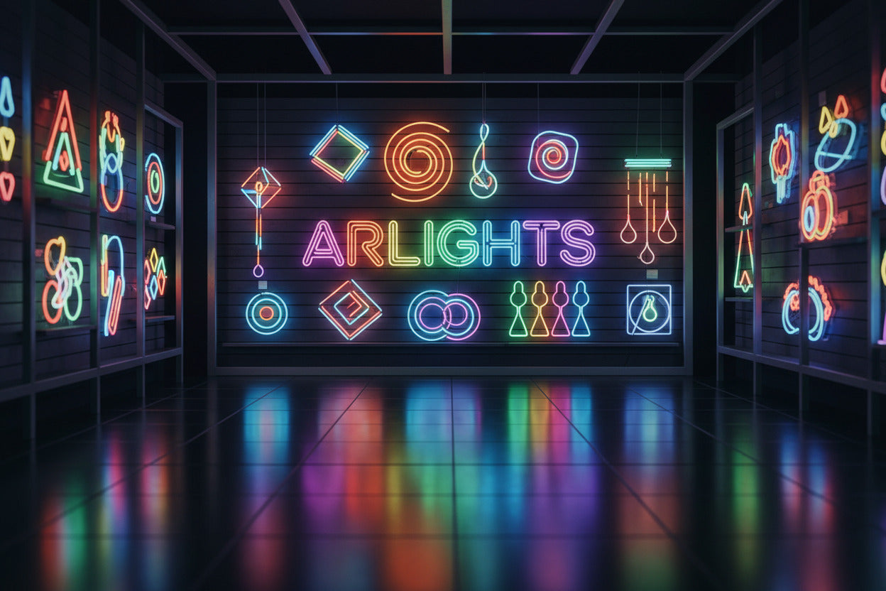 Neon sign with geometric shapes and 'ARLIGHTS' branding in a dark room.